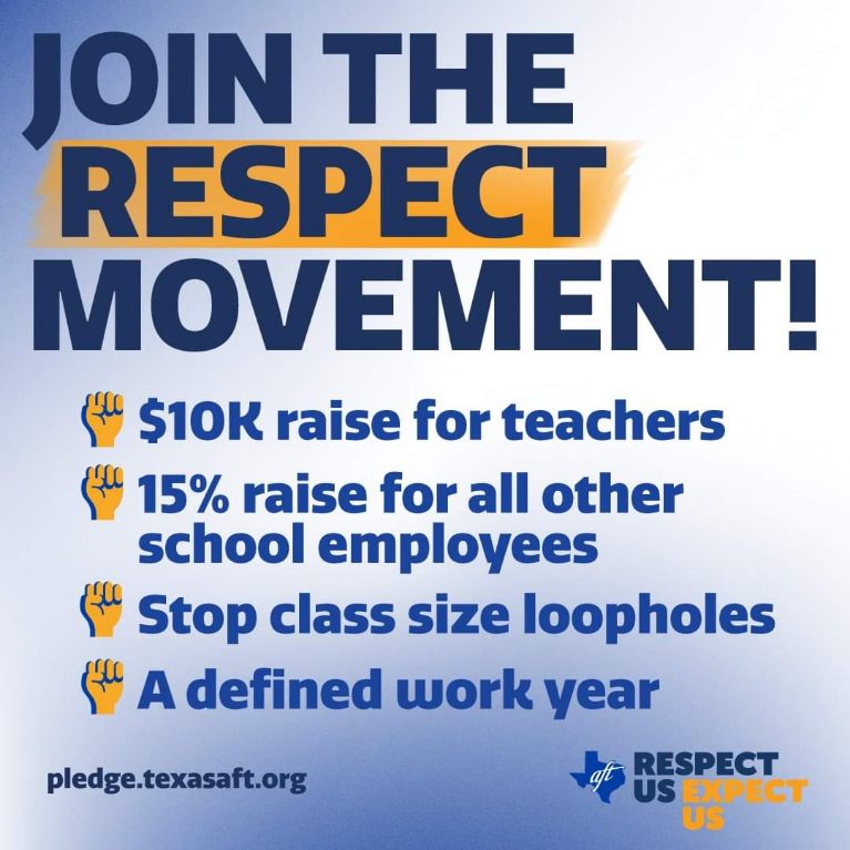 Our <a href="/SOCORROAFT/">Socorro AFT</a> <a href="/SocorroISD/">Socorro ISD</a> Teachers &amp; Support Staff are ready to advocate for:

😁$10,000 raise for Teachers, certified personnel 
✊🏽15% raise for Support Staff
💙Defined Workday
👩‍🏫Close classroom loop holes.

#RespectUsExpectUS #Txlege #IamAFT #AFTvotes