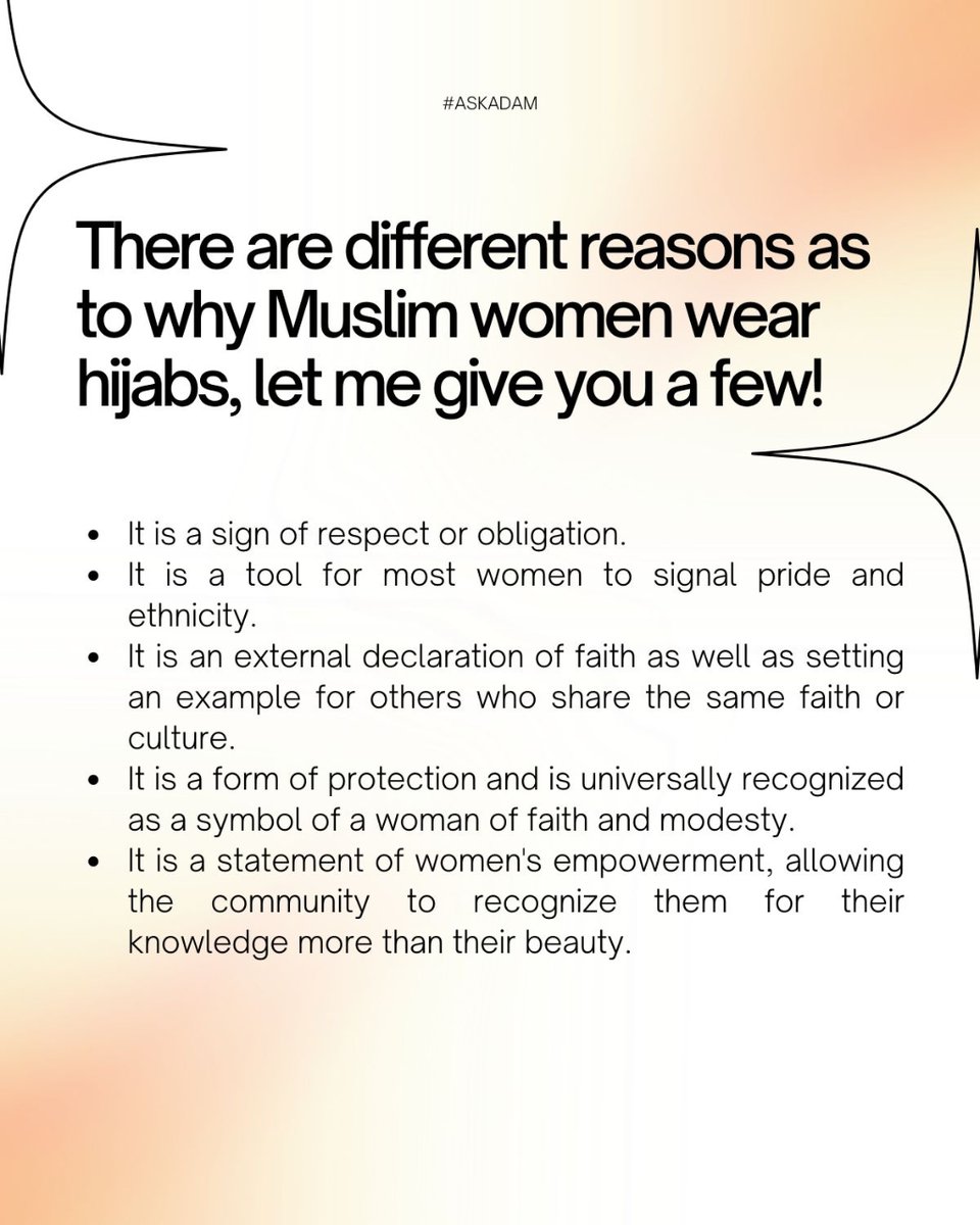 iadamai's tweet photo. One of the iconic representations of a Muslim woman is the Hijab - but do you know why women in our culture wear them? 

#i_adam_ai #muslimquotes #growingupmuslim #islamicreminders #hijab #muslimculture https://t.co/4Hn4rJkbCL