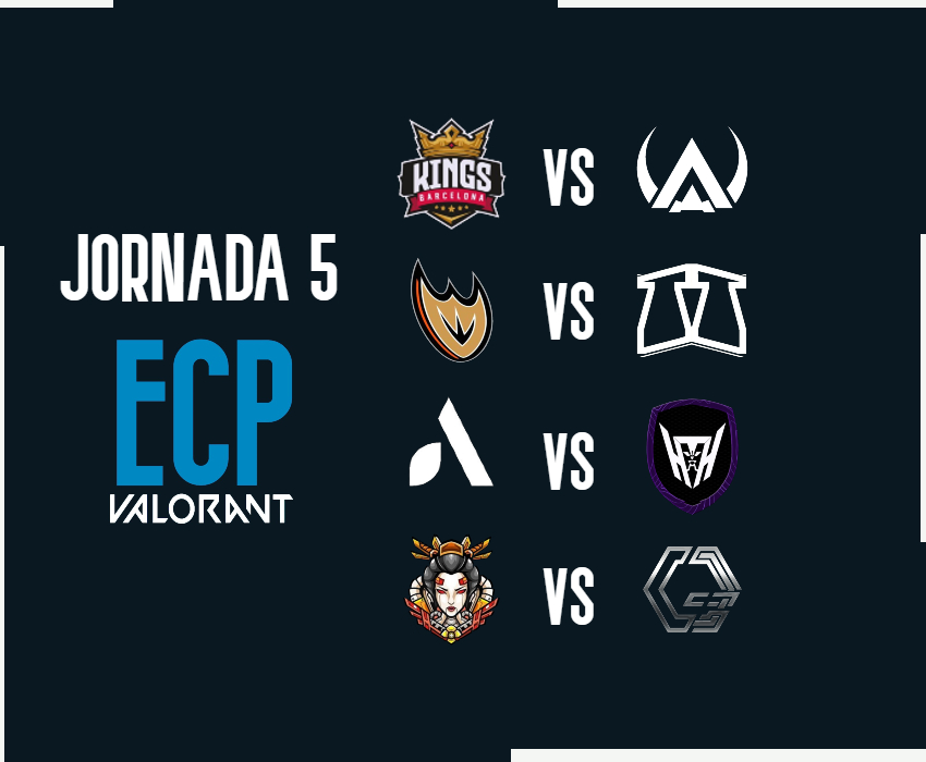 ¡Estos son los partidos de la #ECPValorant (5º Jornada)!

PARTIDOS:
🆚 • <a href="/Kings_BCN/">Kings Barcelona</a>  - @EsportsQuesH  
🆚 • <a href="/PoyoeSports/">Poyo eSports 🐣</a>  - <a href="/ozzoesports/">Ozzo eSports</a>
🆚 • <a href="/AnagaEsports/">Anaga esports</a>  - <a href="/carboneumteam/">𝗖𝗮𝗿𝗯𝗼𝗻𝗲𝘂𝗺</a>
🆚 • @Kore_eSport  - <a href="/GadeonClub/">Gadeon Club</a>

📺 • twitch.tv/ecpvalorant