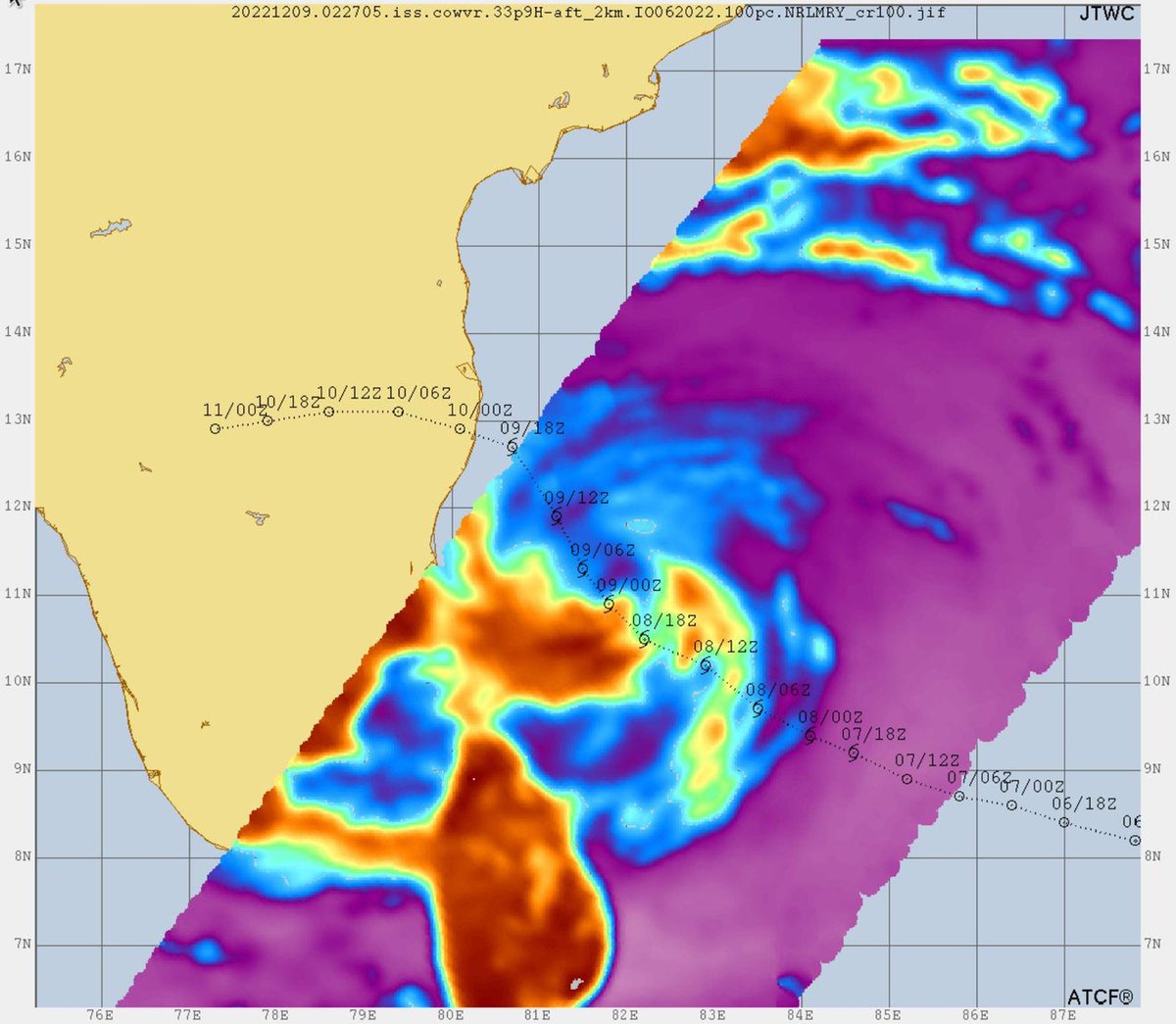 NavyOceans's tweet photo. Data from the COWVR & TEMPEST instruments aboard the #ISS was used to create this image of Tropical Cyclone #Mandous, which forecasters used to understand the December 2022 storm's intensity and predict its path toward southern #India. Credit: #JTWC and Naval Research Laboratory https://t.co/G0aLQtQZfX
