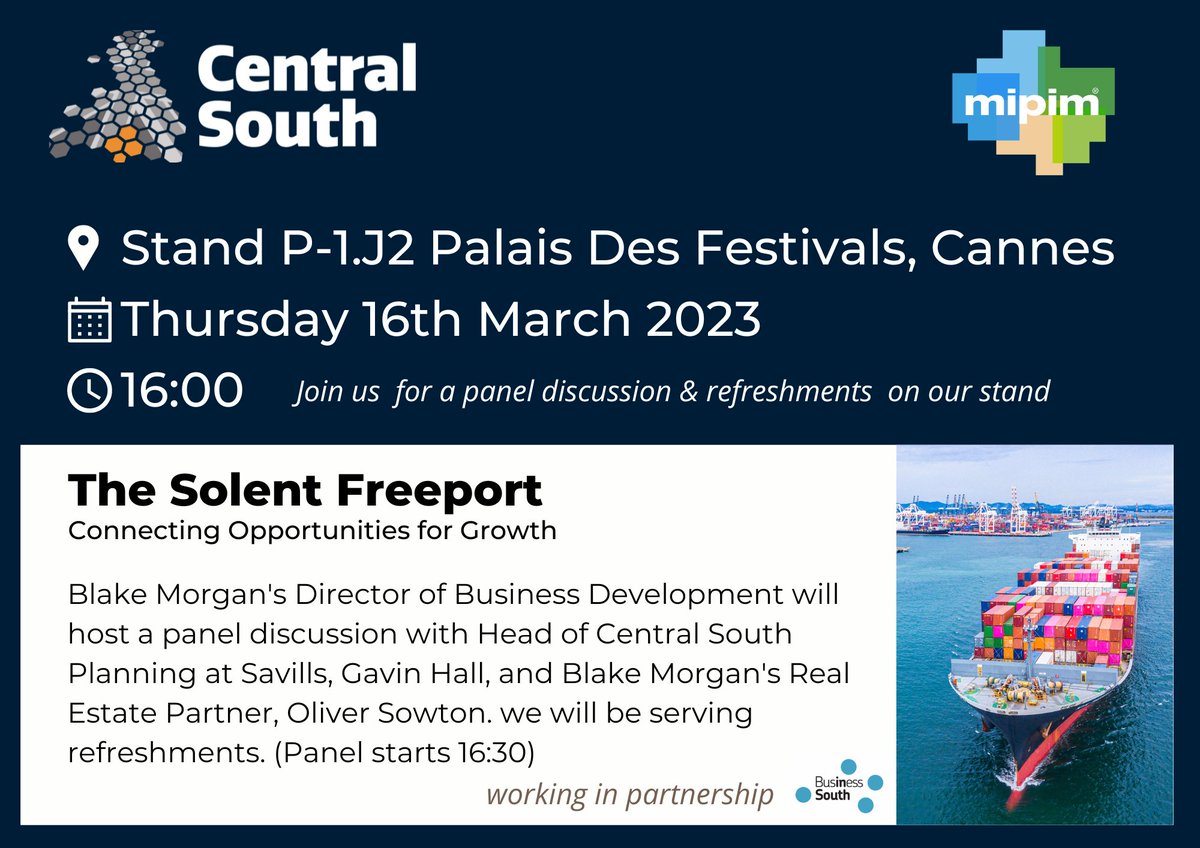 The Solent Freeport – connecting opportunities for growth. Join us for a panel discussion on the Solent Freeport at MIPIM, stand P-1.J2, on Thursday 16 March. Find out more here: blakemorgan.co.uk/press/blake-mo… #MIPIM2023 #CentralSouthUK #SolentFreeport
