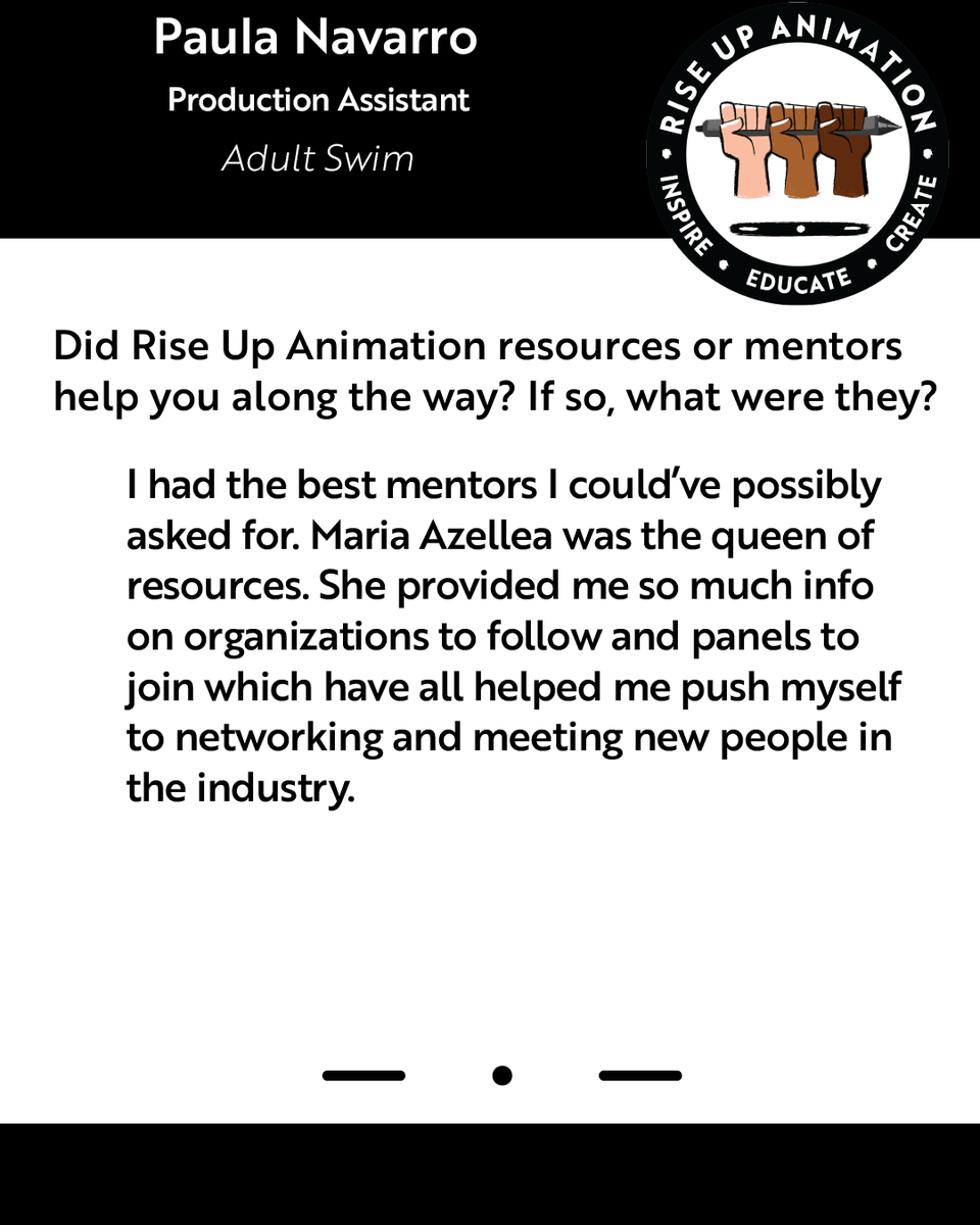 riseupanimation's tweet photo. Happy Monday Rise Up fam! We're bringing you another #MenteeFastForward where we hear from an RUA Mentee that found a career opportunity in animation. 

Today we celebrate @Paulathehutt from @adultswim https://t.co/reFlZNcoZL
