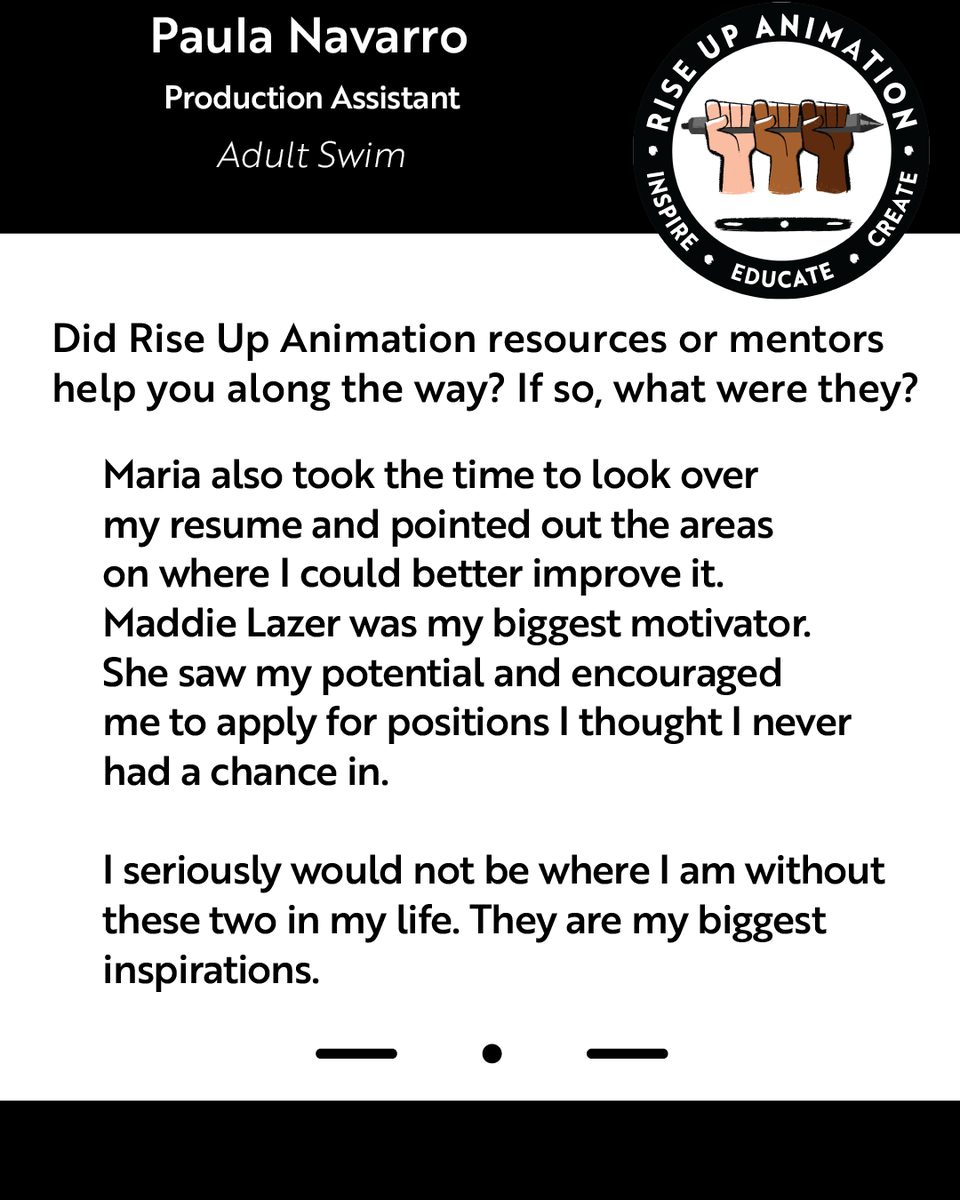 riseupanimation's tweet photo. Happy Monday Rise Up fam! We're bringing you another #MenteeFastForward where we hear from an RUA Mentee that found a career opportunity in animation. 

Today we celebrate @Paulathehutt from @adultswim https://t.co/reFlZNcoZL