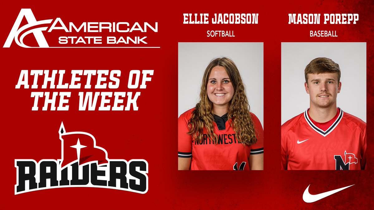 nwcraiders's tweet photo. 𝙍𝙖𝙞𝙙𝙚𝙧 𝘼𝙩𝙝𝙡𝙚𝙩𝙚𝙨 𝙤𝙛 𝙩𝙝𝙚 𝙒𝙚𝙚𝙠, presented by @AmericanStBank!

Male: 𝙈𝙖𝙨𝙤𝙣 𝙋𝙤𝙧𝙚𝙥𝙥
Female: 𝙀𝙡𝙡𝙞𝙚 𝙅𝙖𝙘𝙤𝙗𝙨𝙤𝙣

📰: https://t.co/sJlfJlozoC

#RaidersStandOut | @NWCSoftball | @NWC_Baseball https://t.co/CtFY2qyri0