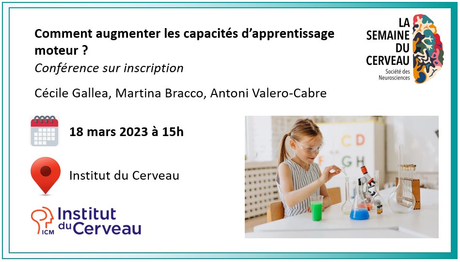 "Comment augmenter les  capacités d'apprentissage moteur ?" <a href="/InstitutCerveau/">Institut du Cerveau - Paris Brain Institute</a> pour la semaine du cerveau #SdC2023. 
A ne pas manquer le 18 mars à 15h.
Plus d'infos sur :
semaineducerveau.fr/manifestation/…
<a href="/InsermIDF/">Inserm Île-de-France</a> <a href="/sup_recherche/">Ministère Enseignement supérieur et Recherche</a> #scicomm #Neuroscience <a href="/sortirapariscom/">Sortiraparis</a> <a href="/parisiensortie/">Le Parisien | sorties</a>