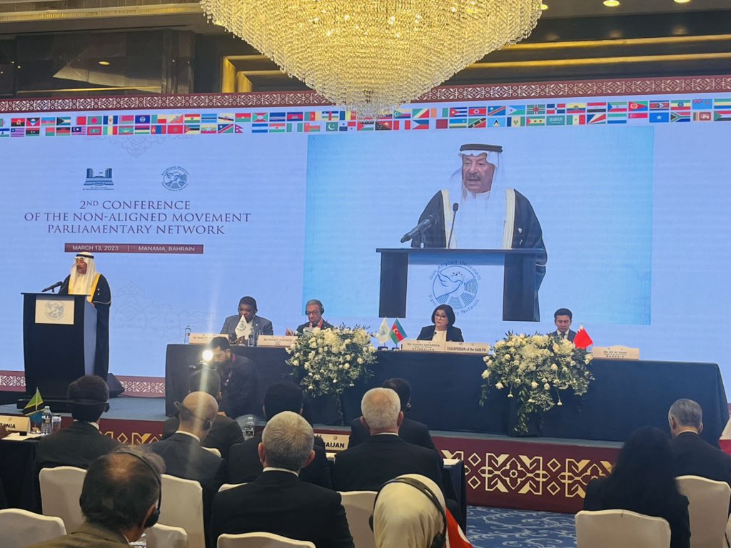 Chairman of the Shura Council of the Kingdom of #Bahrain, H.E Ali bin Saleh Al Saleh delivers a statement at #Manama Conference of the Non-Aligned Movement Parliamentary Network #NAMPN2023 #ManamaConference