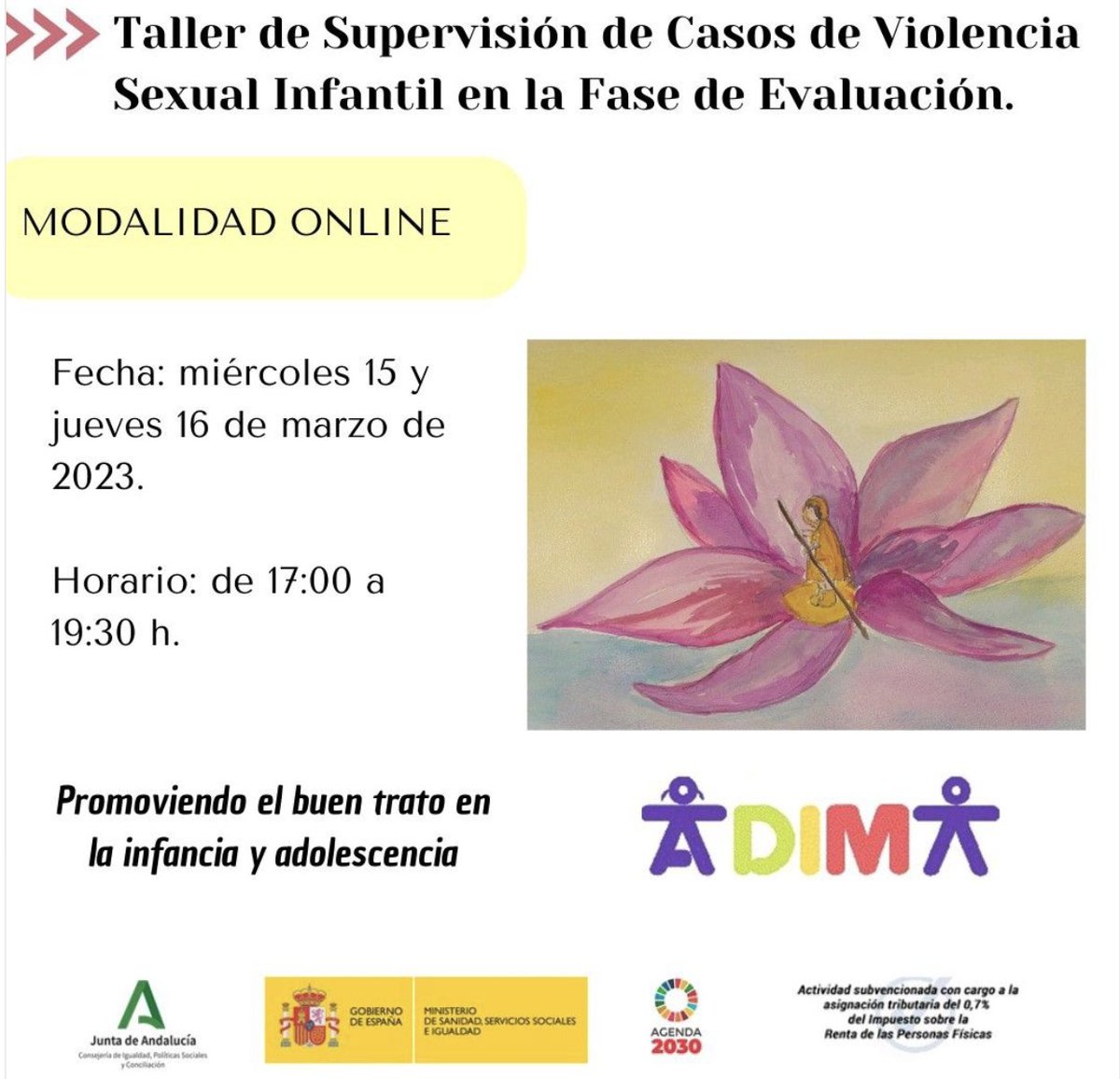 Asoc_ADIMA's tweet photo. 📣Ya se encuentra disponible la inscripción al Taller de Supervisión de Casos de Violencia Sexual Infantil en la Fase de Evaluación (detección).

Este taller se desarrollará los días 15 y 16 de marzo de 2023, en horario de 17:00 a 19:30h: https://t.co/11HMbpeYda