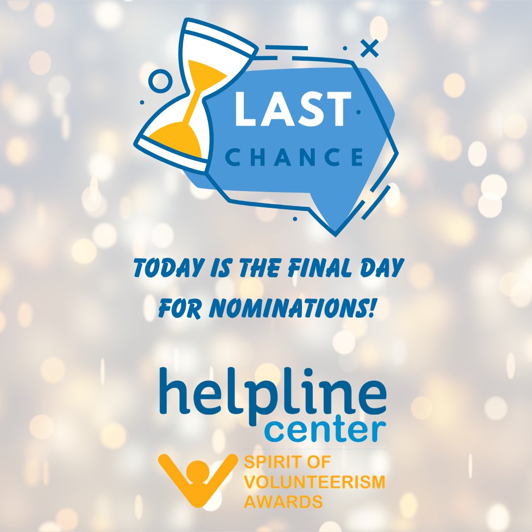 Today is the last day for nominations for our Spirit of Volunteerism awards.  We love hearing about the incredible accomplishments of volunteers and the valuable work they do each day. helplinecenter.org/sva