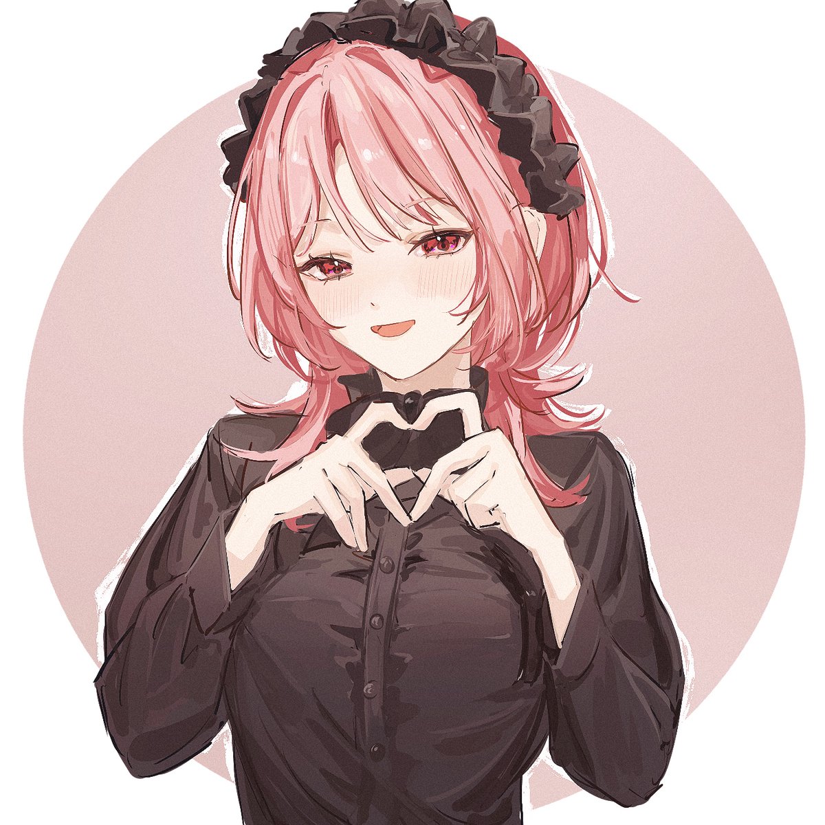 1girl solo heart hands heart pink hair upper body shirt  illustration images