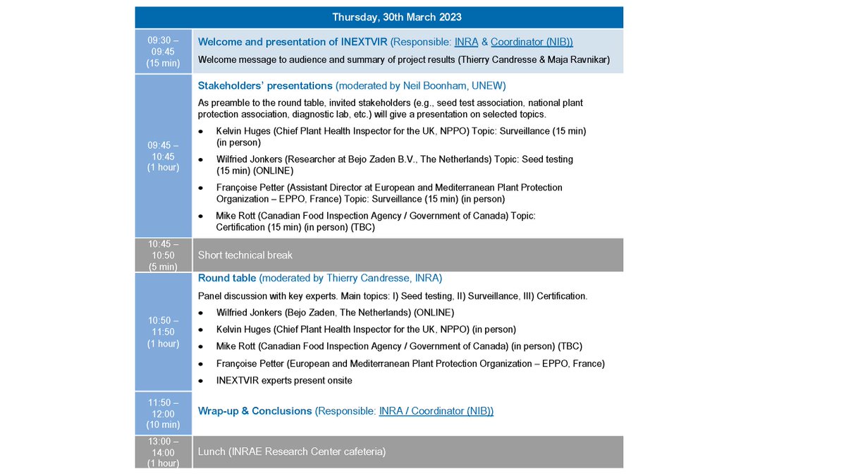 INEXTVIR final meeting and conference will take place 29th and 30th March. A round table on adoption and impact of high throughput sequencing in plant health: seed testing, surveillance and certification will be held on line inrae-fr.zoom.us/j/97797088169 on March 30th 9:45-11:50.