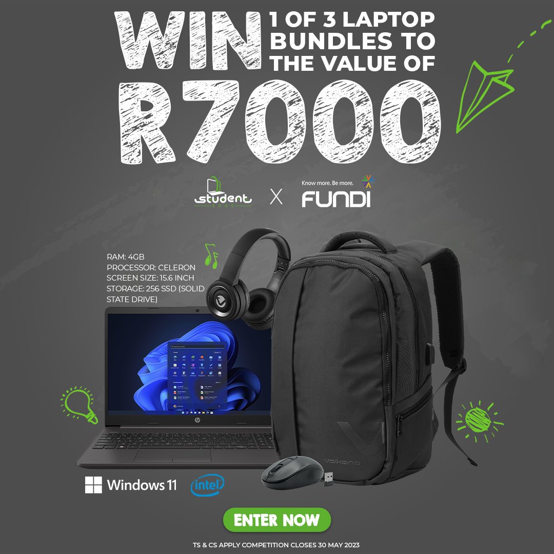 #CompetitionTime!💻🎧 Enter NOW and stand a chance to win 1 of 3 HP bundles worth R7000 💰💰 🤩🤩!!

How to enter👇

✍️ Fill in the form - bit.ly/3IXwp60
📷 Screengrab
💙 Like &amp; RT with #StudentEdgeBundle &amp; #FundiConnect
👀 Watch this space to see if YOU won!!

Ts&amp;Cs.