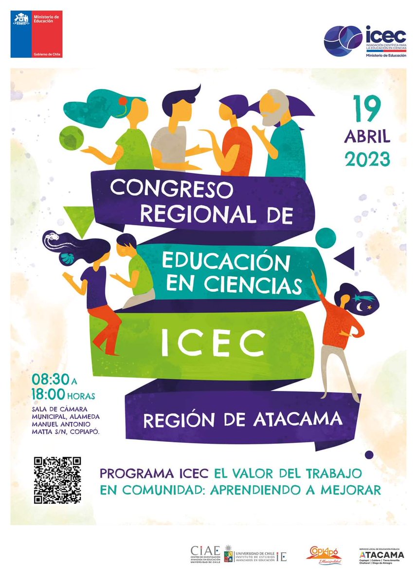 ICEC_UChile's tweet photo. ¡Docentes de  ATACAMA!
Las y los invitamos a participar en el“ I Congreso Regional de Educación en Ciencias ICEC”  de la Universidad de Chile, Región de Atacama. 
Inscríbete escaneando el Código QR disponible en el afiche o ingresando al siguiente enlace https://t.co/HTfM80cbeH https://t.co/jon9uM6qAF