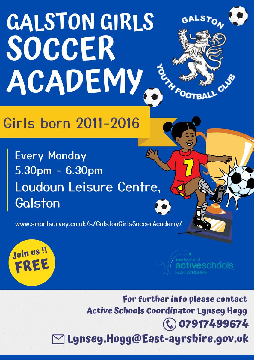 ActiveSchoolsEA's tweet photo. 𝗚𝗮𝗹𝘀𝘁𝗼𝗻 𝗚𝗶𝗿𝗹𝘀 𝗦𝗼𝗰𝗰𝗲𝗿 𝗔𝗰𝗮𝗱𝗲𝗺𝘆

👧🏽 Girls Born 2011-2016
🏟 Loudoun Leisure Centre, Galston
📅 Mondays
⌚️ 5.30pm-6.30pm
💷 Free 

✍🏼 Sign up today https://t.co/CcDLMjoRje… 

@GalstonYouthFC @ScotFASouthWest @VibrantEAC @GalstonPS @GalstonECC https://t.co/coMDl4Z3Rj
