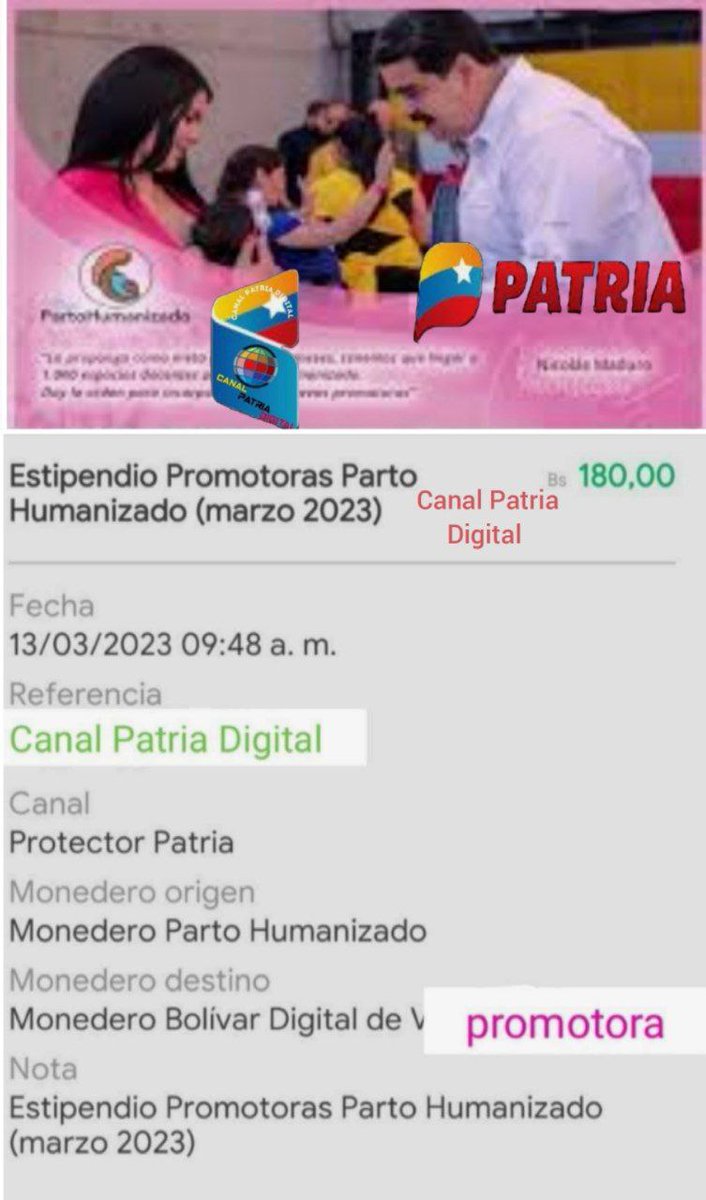 canalpatriadig's tweet photo. #AHORA

Inicia la entrega del estipendio para las "Promotoras Parto Humanizado" (marzo 2023) enviado por nuestro Pdte. @NicolasMaduro a través del Sistema @CarnetDLaPatria.  
 
MONTO: 180,00 Bs.

#ChávezDelMundo https://t.co/HzCWc7SowS