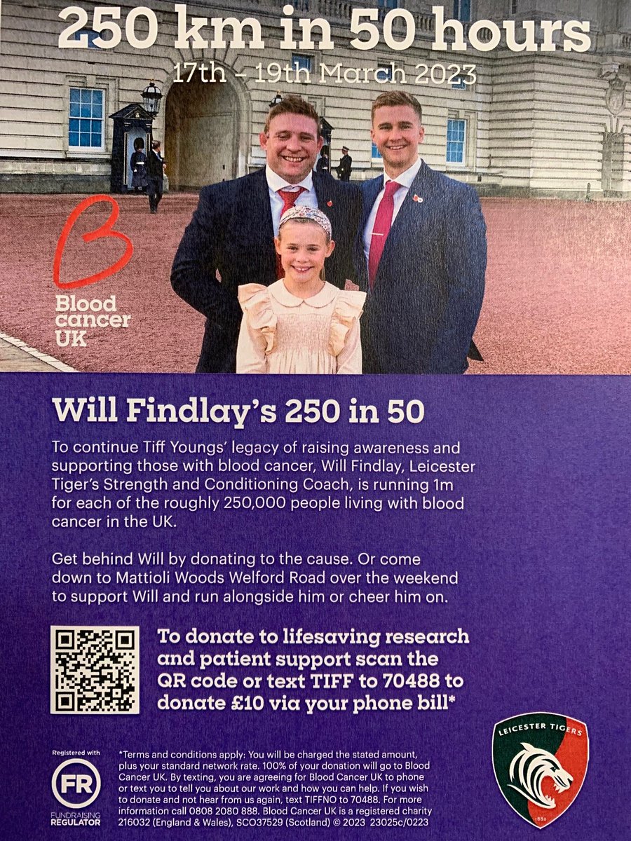 Following last year's challenge of running 30 half marathons in 30 days raising an incredible £40,000 for Blood Cancer UK in memory of Tiff Youngs, on 17th March 2023 the College Warden's son Will, is running 250k in 50 hours!! To donate please visit: justgiving.com/page/will-find…