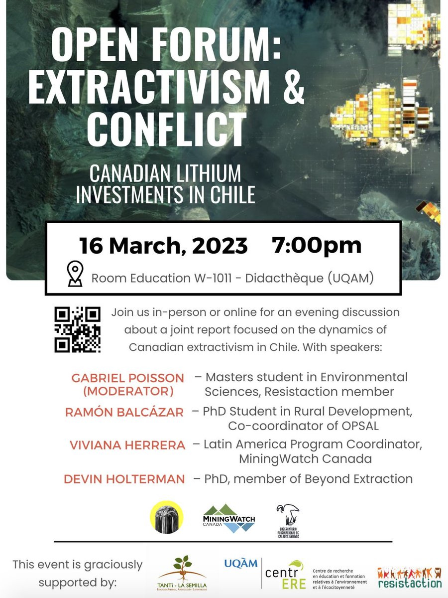 OPSAL_'s tweet photo. 🟢Este jueves 16 marzo a las 20:00 hrs. 🇨🇱🇦🇷  @rbalcazarmor, co-coordinador de #OPSAL, estará exponiendo informe sobre inversiones canadienses de #litio en Chile. 
Para ver online este evento que se realizará en Montreal, te invitamos a registrarte aquí https://t.co/pJSBsaJVpz https://t.co/51O7Ldshv6