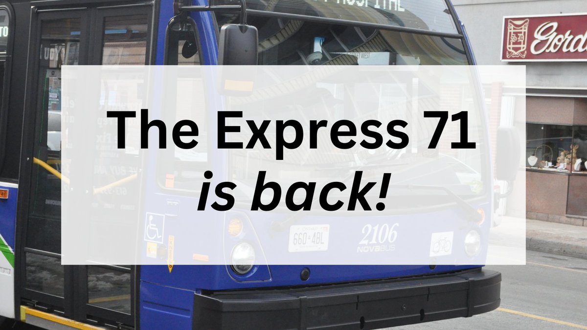 Le 71 Express de Cornwall Transit est de nouveau en service dès AUJOURD'HUI.

Consulter waytogo.cornwall.ca ou télécharger notre application pour obtenir des mises à jour en direct sur les services d'autobus.

Trouver tous les arrêts l'Express 71 ici: bit.ly/3FogKeP
