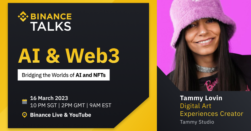 binance's tweet photo. AI is becoming increasingly influential in the NFT space.

During #BinanceTalks, @TammyLovin_ will be discussing the importance of AI for digital art experiences.

To watch, register here ⤵️