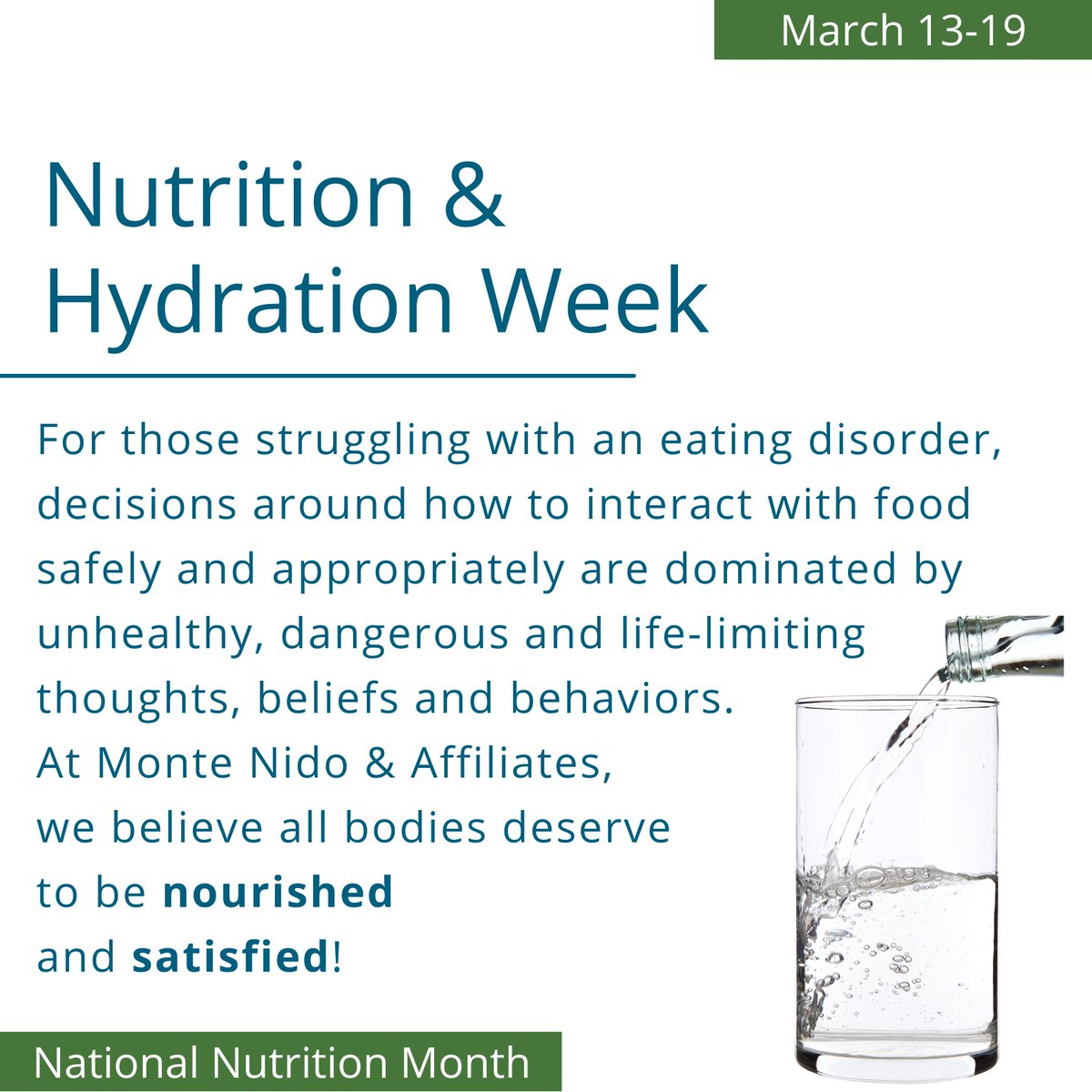 This month, we hope to raise awareness about nutrition and hydration in an eating disorder recovery setting. 

Learn more: ow.ly/4scy50NgauB

#NationalNutritionMonth #nutrition #edrecovery