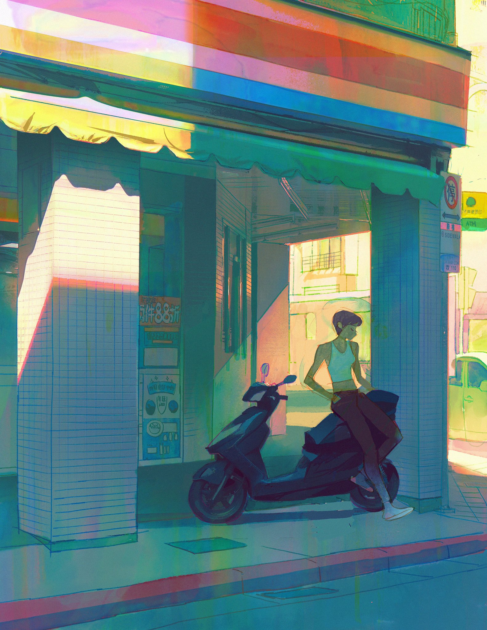 Street Corner by Kat Tsai. A femme figure leans against a parked motorized scooter in front of a 7-11's covered storefront.
