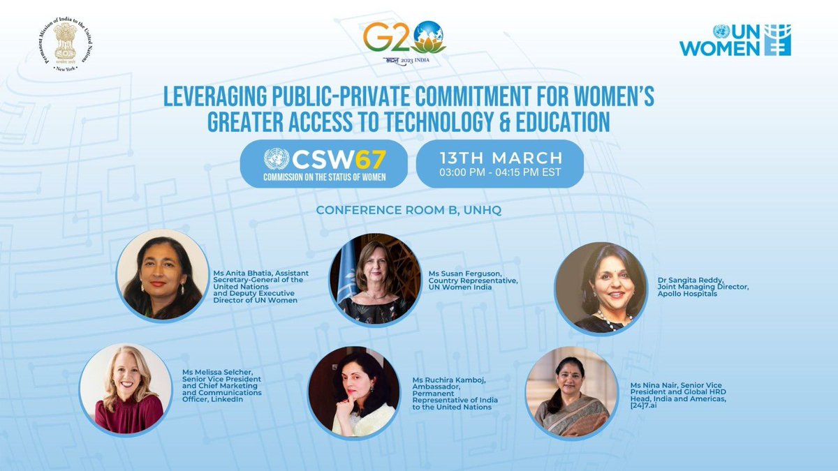 Happening today! Don’t miss our side event at #CSW67. We’re discussing India’s best practices and experiences on women’s digital empowerment with @IndiaUNNewYork @ruchirakamboj @fergusonunwomen @drsangitareddy @anita_bhatia1 @LinkedIn @247ai_India