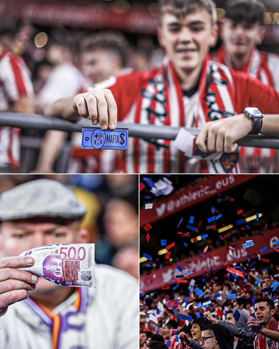 ESPNFC's tweet photo. Real Madrid and Athletic Club fans have been printing fake money with Barcelona attached to it in response to the corruption charges the Catalan club are facing. https://t.co/9837UmHw7v