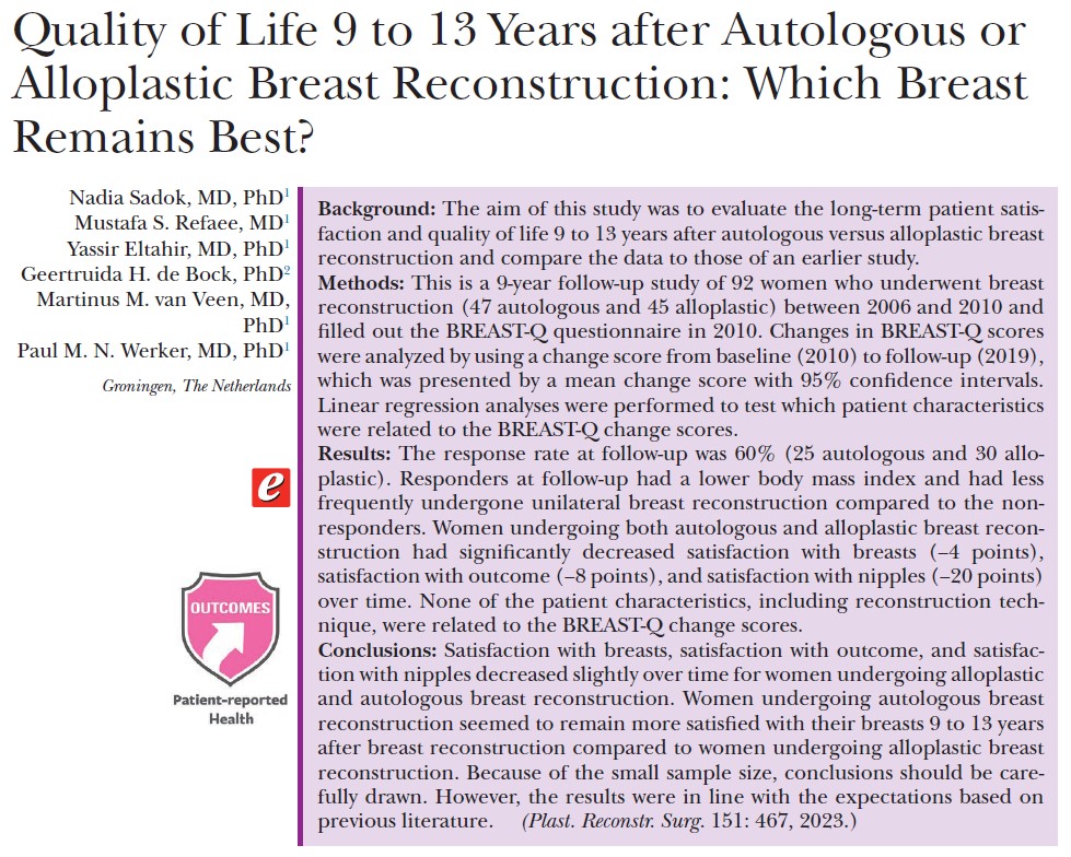 kecchung's tweet photo. A long-term outcomes study showed that women with autologous breast reconstruction are more satisfied than alloplastic. A larger study is warranted to determine which mode of reconstruction is more suitable for what type of patient. Nice work. https://t.co/lmtMkvPVz8 @PRSJournal https://t.co/6RZ8Gn2bPu
