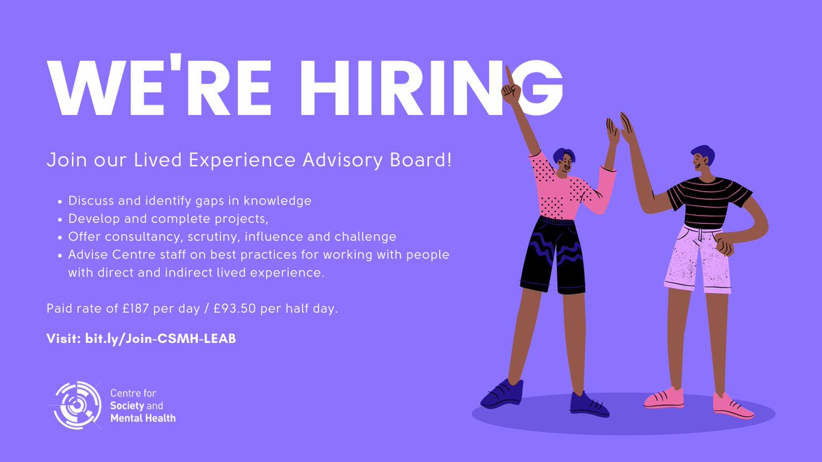 (1/4) We have an exciting opportunity to join our Centre as a Lived Experience Advisory Board (LEAB) Member! The LEAB is trying to change the way mental health #research is done by grounding it in #livedexperience. ➡️ kcl.ac.uk/join-our-lived… Want to know more? 👀🧵