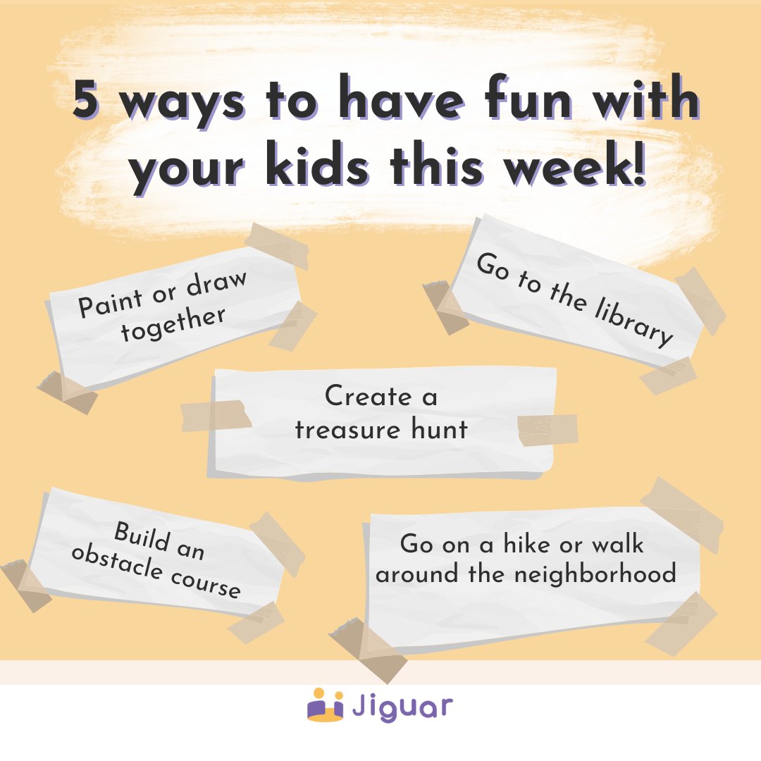 JiguarInc's tweet photo. Life can get really busy and it can be easy to forget to slow down and have fun! Here are 5 ways to have fun this week!

Leave us a comment and share your favorite activities to do with your kids!

https://t.co/hB8JEdwM1l https://t.co/GlzRw354Fx