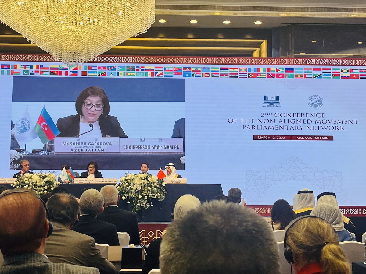 "Parliamentary Network of #NAM is on the way to become an important asset for promotion of ideals&amp;principles of NAM,multilateralism,dialogue and interparliamentary cooperation." Ms. Sahiba Gafarova, Speaker of 🇦🇿 Parliament, Chairperson of NAM PN #NAMPN2023 #ManamaConference
