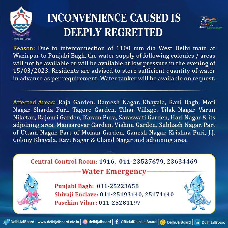 DelhiJalBoard's tweet photo. Water supply of following colonies / areas will not be available or will be available at low pressure in the evening of 15/03/2023.

#DJB4U #DjbWaterAlert https://t.co/hVGYvVdVU1