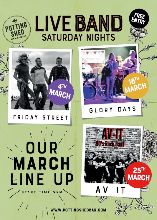 PottingShedBev's tweet image. 🎸MARCH BAND NIGHTS - SATURDAYS FROM 9PM 🎸

🤩Join us for,
#GloryDays 18th March 
#AVIT 25th March 

#BandNight #FreeEntry #Bands #Saturday #March