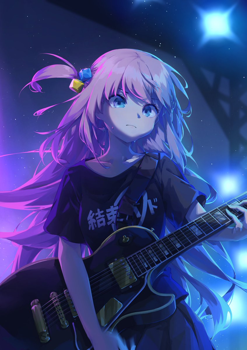 gotou hitori 1girl pink hair cube hair ornament long hair instrument shirt guitar  illustration images