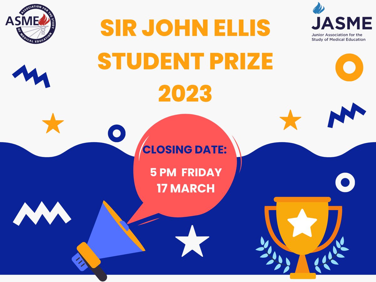 🚨AWARD ALERT🚨

Check out the JASME Sir John Ellis Student Prize 
The highly regarded national prize application is closing soon❗❗❗

⚠️Closing Date: 5 pm Friday, 17th March ⚠️

🔗asme.link/SJE
@jasme_uk @tasme_uk @mistapage @ChairASME
 #MEDED #ASMEawards