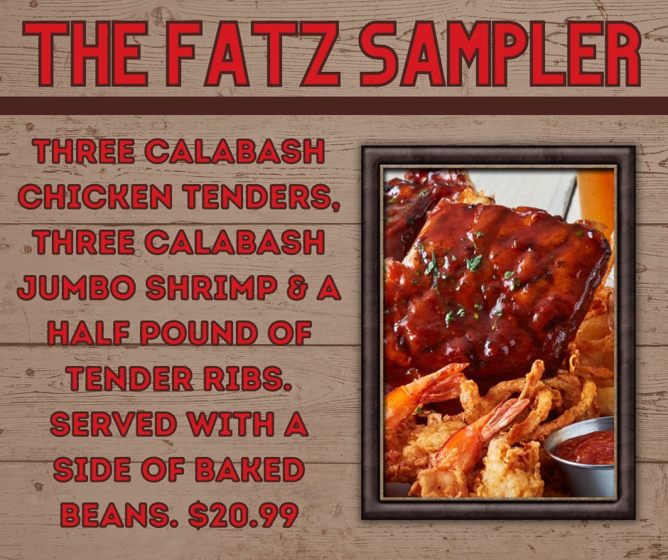 Sample some of our Guest's Favorite Items when you order the Fatz Sampler it includes three Calabash Chicken Tenders, three Calabash Jumbo Shrimp, and A half pound of tender Ribs. Served with a side of Baked Beans $20.99 #chicken #shrimp