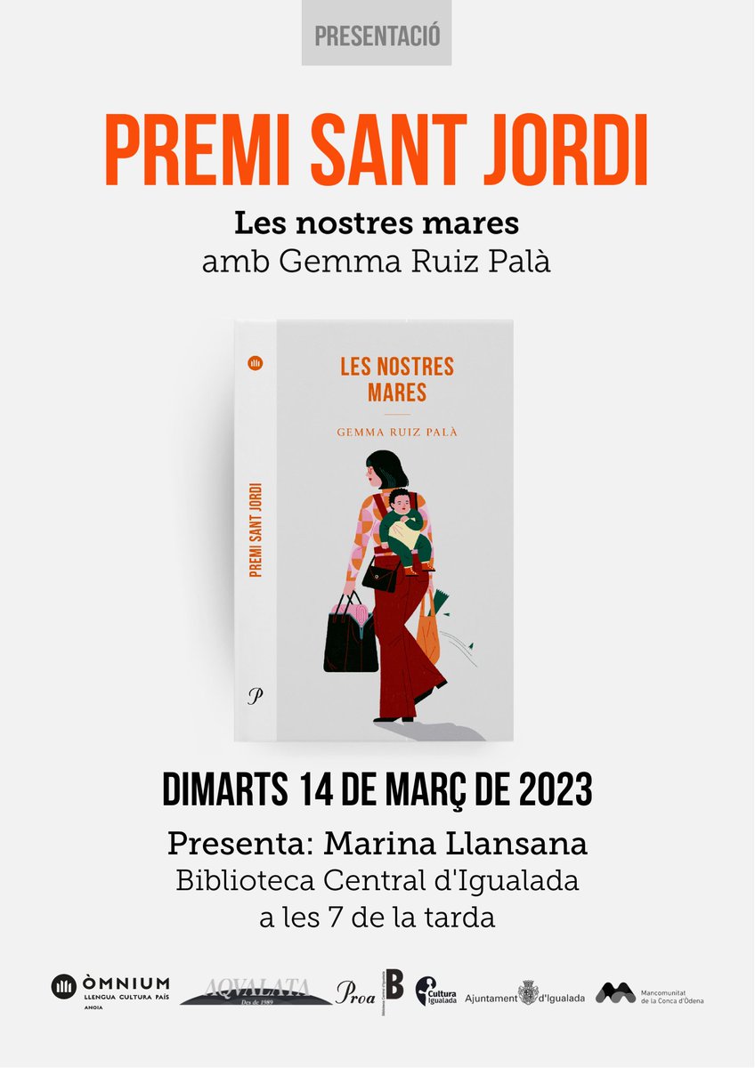 Edicions Proa (@ed_proa) on Twitter photo 📅 Demà dimarts 13 de març, <a href="/gemmaruiz_/">Gemma Ruiz Palà</a> presenta ‘Les nostres mares’, Premi Sant Jordi:
⌚ 19 h
📍 A la Biblioteca Central d'#Igualada
🗣Presentació a càrrec de <a href="/marinallansana/">Marina Llansana</a>
➡Us hi esperem!
<a href="/Grup62/">Grup62</a>
<a href="/omnium/">Òmnium Cultural</a> 📅 Demà dimarts 13 de març, <a href="/gemmaruiz_/">Gemma Ruiz Palà</a> presenta ‘Les nostres mares’, Premi Sant Jordi:
⌚ 19 h
📍 A la Biblioteca Central d'#Igualada
🗣Presentació a càrrec de <a href="/marinallansana/">Marina Llansana</a>
➡Us hi esperem!
<a href="/Grup62/">Grup62</a>
<a href="/omnium/">Òmnium Cultural</a>