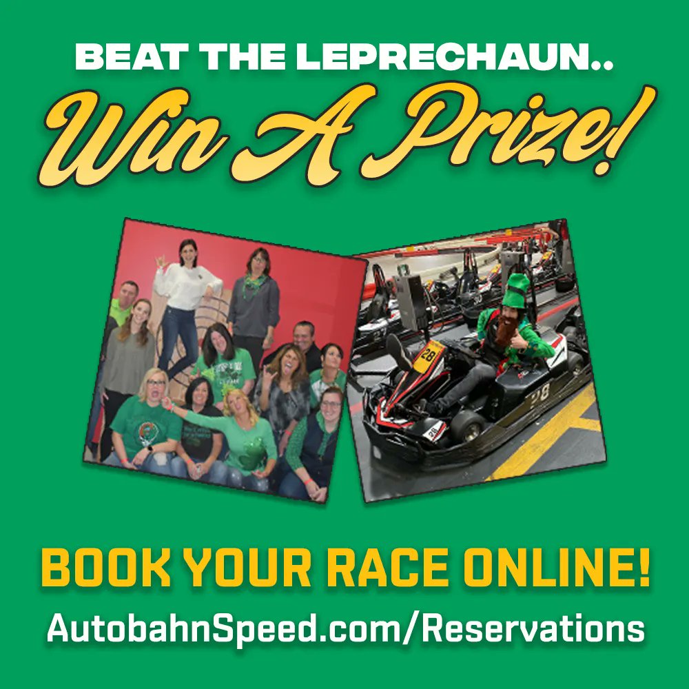 Autobahn_Speed's tweet photo. Title: CATCH THE GO-KARTING LEPRECHAUN AND WIN FREE PRIZES
Description: Special races throughout the day will give each racer who can pass the Leprechaun a chance to win a prize by drawing from the โMagic Pot of Gold.โ
#autobahnspeed
#StPatricksDay
#fun
#rcewithus https://t.co/oyr7RxkIsx