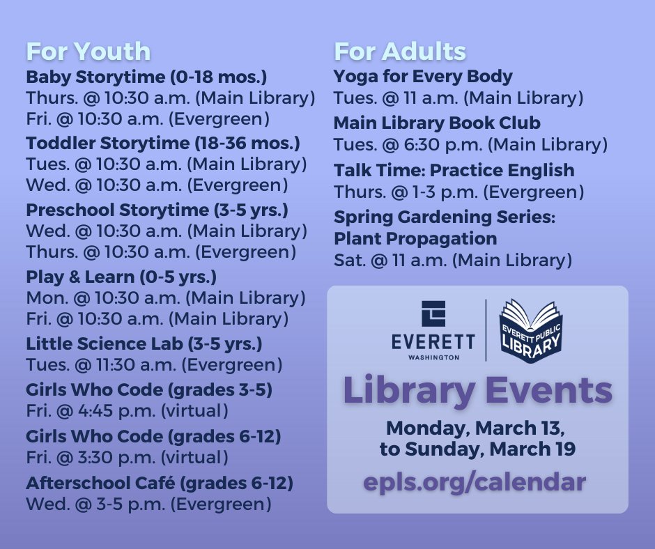 eplsdotorg's tweet photo. Check out what's happening at the library this week! More info at https://t.co/A4YxEvIxI7.
#EverettWA #GoodThingsHappenHere https://t.co/Gr7F4V1LHQ