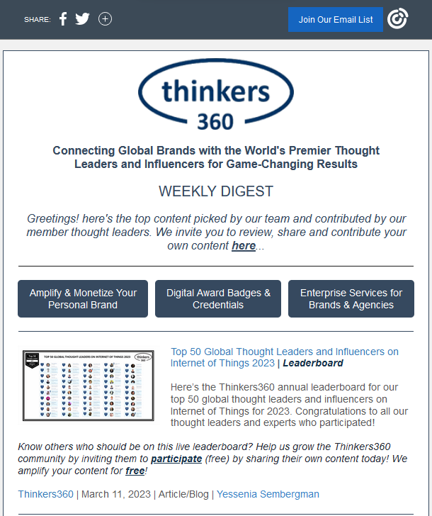 Thinkers360 Weekly Newsletter out now! conta.cc/3mNX0Ln

Feat.<a href="/EYEMAILINC/">EyeMail Inc.</a> <a href="/jimhotaling1/">James Hotaling</a> <a href="/hireauthority/">Ira S Wolfe</a> <a href="/OrgCultureDoc/">Jason D. Cochran</a> <a href="/peterfgallagher/">Peter F Gallagher</a> <a href="/o_bravomartins/">Luis Bravo Martins</a> @LisaEarleMcLeod <a href="/sabywaraich/">Saby waraich</a> <a href="/Corix_JC/">JC Gaillard</a> <a href="/jenniferlkenny/">Jennifer L Kenny</a> <a href="/andrewconstabl9/">Andrew Constable MBA</a> +

#Business #Technology #Thoughtleadership