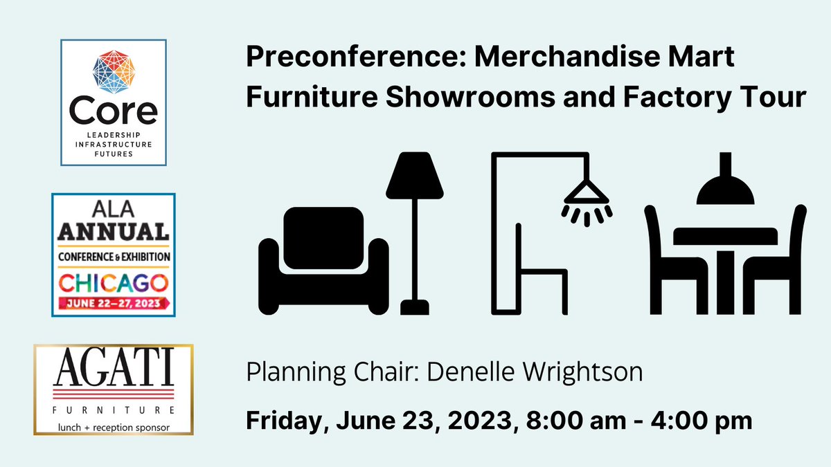 ALA_Core's tweet image. Join Core for the &quot;Merchandise Mart Furniture Showrooms and Factory Tour&quot; preconference at #ALAAC23 ! See four national showrooms at Merchandise Mart as well as @AgatiFurniture , who also sponsors the lunch and reception. Learn more: alacore.org/go/to/tw-23-fu… #LibraryFacilities