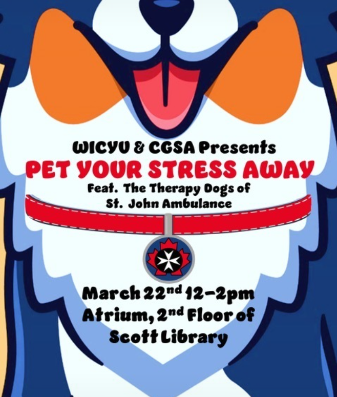 WICYU (@wic_yorku) on Twitter photo 📢Hey Lions, are you feeling ruff this pre-exam season? Join WICYU and <a href="/YorkUCGSA/">YorkU CGSA</a> as we paws and take a study break with therapy dogs from <a href="/toronto_T_Dogs/">SJA Toronto Therapy Dogs</a> 🥰 On March 22 from 12-2pm, we invite you to the 2nd floor Scott Library Atrium to Pet Your Stress Away! 🐶 📢Hey Lions, are you feeling ruff this pre-exam season? Join WICYU and <a href="/YorkUCGSA/">YorkU CGSA</a> as we paws and take a study break with therapy dogs from <a href="/toronto_T_Dogs/">SJA Toronto Therapy Dogs</a> 🥰 On March 22 from 12-2pm, we invite you to the 2nd floor Scott Library Atrium to Pet Your Stress Away! 🐶