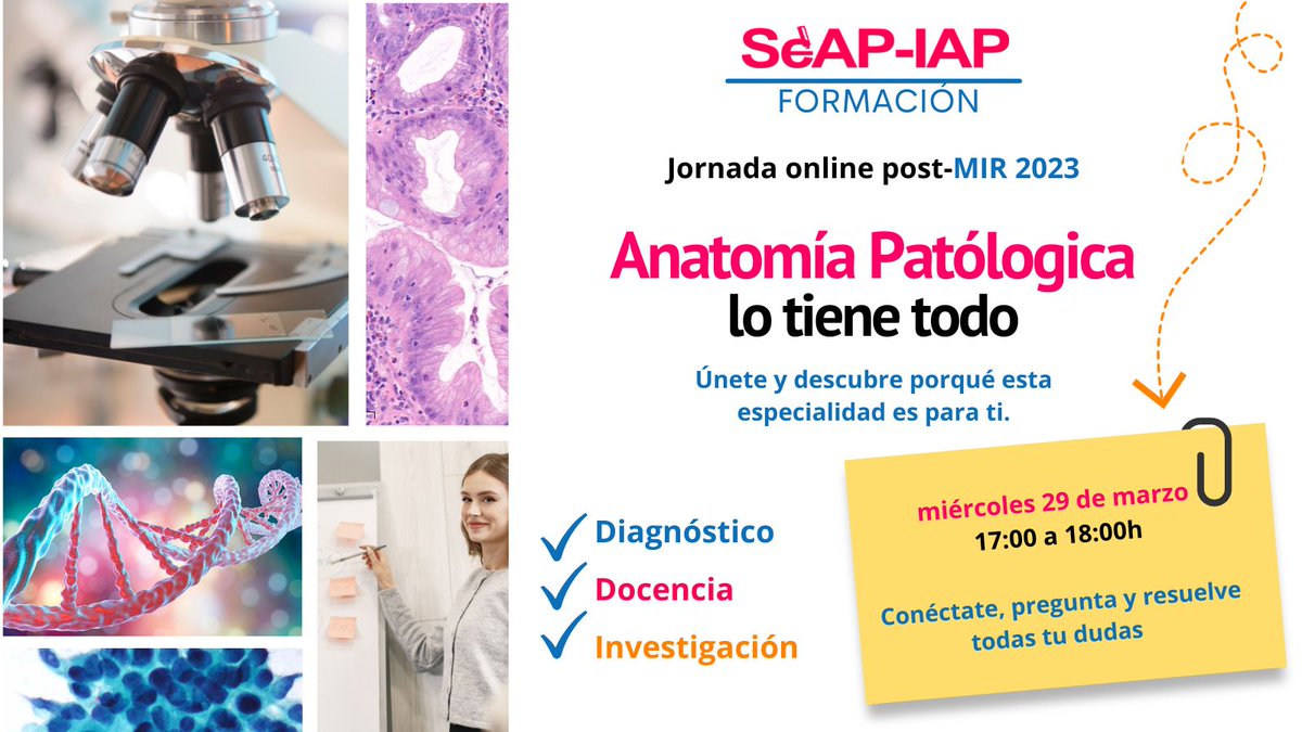 SEAP_IAP's tweet photo. ¿Quieres saber cómo es la residencia de #AnatomíaPatológica?
¡Únete a esta jornada de la @SEAP_IAP y pregunta lo que quieras!
Miércoles 29 de marzo 17:00-18:00h
https://t.co/fKH4hINWbg
#2MIR2023 @MIR2023 @AsociacionMIRe #CTO2023 @mimejorMIR @mirasturias
@tuplazafse @MirialApp https://t.co/pslK9cess7