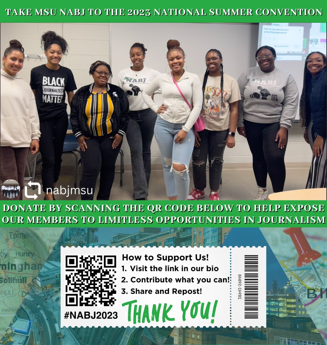 Hello friends,
Help send the MSU Association of Black Journalists to the 2023 Summer Convention in Birmingham Alabama!