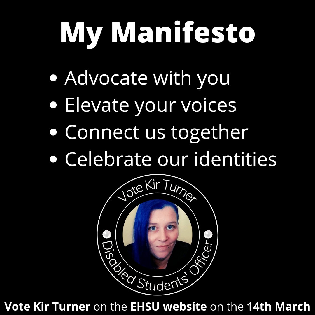 I've tried to highlight and demonstrate why #EdgeHillUniversity students should vote me as next years #DisabledStudentsOfficer

My manifesto ultimately comes down to two main themes - my aims for @edgehilluniversity and my aims for the #DisabledStudent community

 #VoteKirForDSO