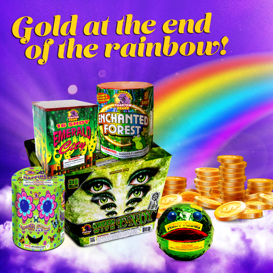 Get extra lucky with gold from Phantom Fireworks! Shamrockin' Sales are going on until March 20th; find the latest promotions here at fireworks.com/social-coupons. 🌈☘️