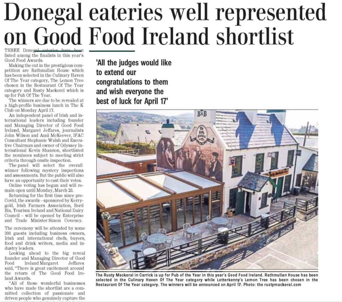 GoodFoodIreland's tweet photo. Donegal Eateries Well Represented on Good Food Ireland® Shortlist.
Thank you @Donegalnews @derrypeople!
@RathmullanHouse @Lemontree_lk @MackerelRusty https://t.co/s8k4ydb23v