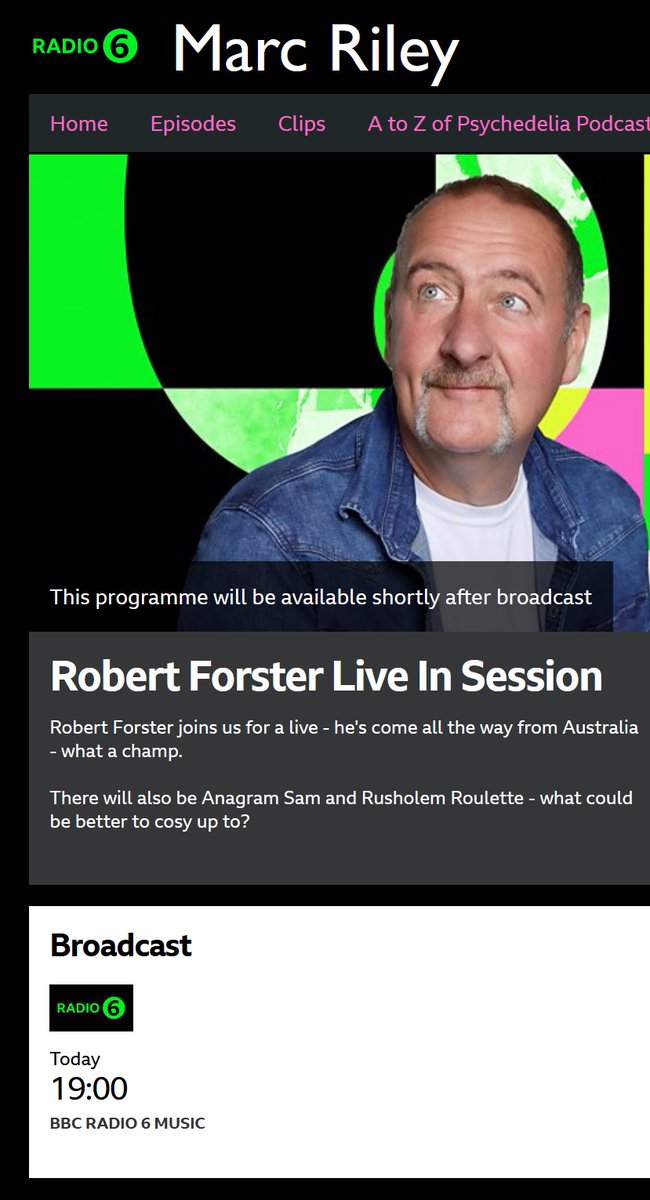 Robert Forster will be in session on the Marc Riley radio show on BBC 6Music tonight at 7pm GMT. The show can be heard live or later at bbc.co.uk/programmes/m00…