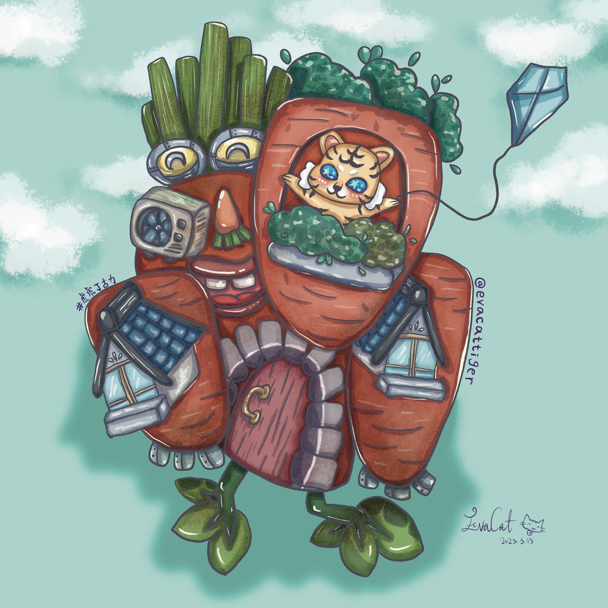 evacattiger's tweet photo. 虎虎丁古力 X 胡蘿蔔🥕
靈感來自霍爾的移動城堡😂
#虎虎丁古力 #虎 #胡蘿蔔 #紅蘿蔔 #蘿蔔 #台灣插畫 #插畫 #繪畫 #繪本 #可愛怪獸 #角色設計 #角色 #城堡 #移動城堡 #evacattiger #art #procreate #role #draw #drawing #tiger #design #carrot #picturebook https://t.co/QnaDW56MAm