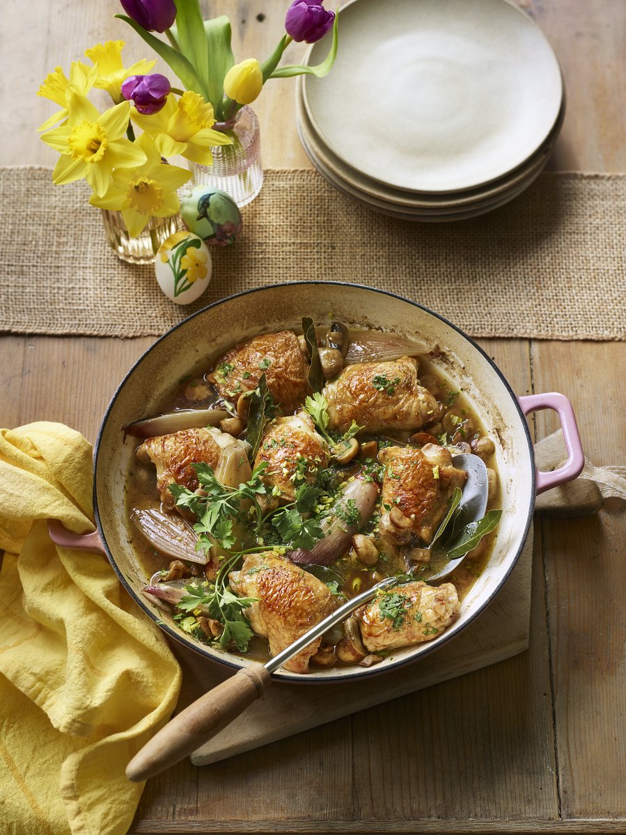 New OFM with tomorrow's @ObserverUK including @SyabiraBakes' life on a plate, lunch with @wmarybeard, @naylor_tony on food tv, @shahnazahsan on sharing recipes. Photo of Sally Clarke's braised chicken thighs with rosé wine, part of our Easter menu, by @katewhitaker01