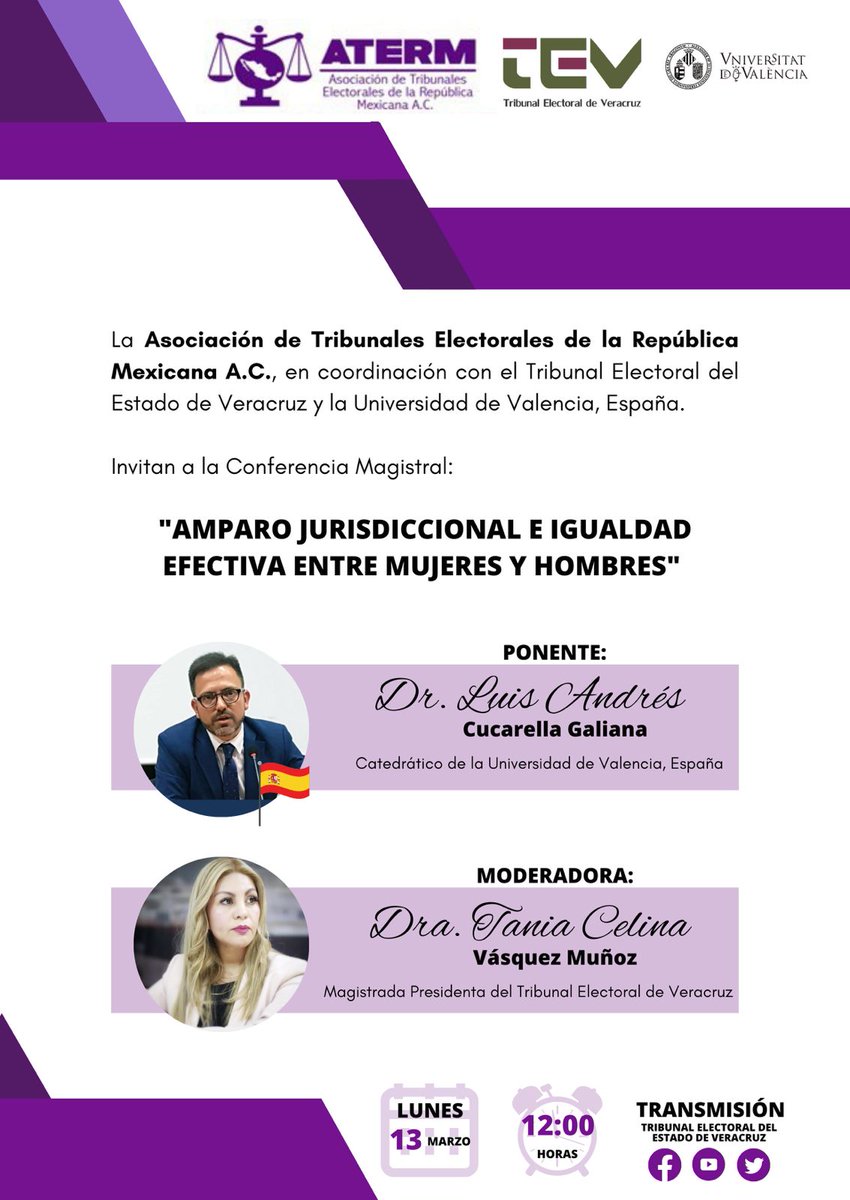 No te pierdas la Conferencia Magistral: "Amparo Jurisdiccional e Igualdad Efectiva entre Mujeres y Hombres", impartida por el Dr. Luis Andrés Cucarella Galiana de <a href="/UV_EG/">Universitat València</a>;  hoy, a partir de las 12:00 horas desde las redes sociales del <a href="/TEVeracruz/">TEVeracruz</a>. 
youtube.com/live/vZUVV1pB8…